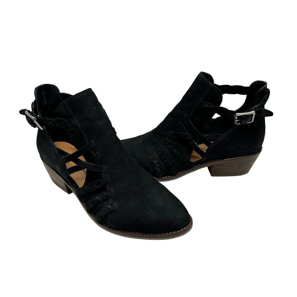 Lucky Brand Forbas Black Mainz Nubuck Leather Cut Out Block Heel Ankle Bootie